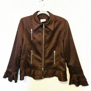 Joseph Ribkoff Sz 14 Suede-feel Brown Ruffled Women's Light Dress Jacket
